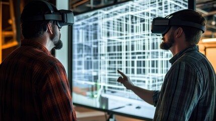 Poster - Two Men Wearing VR Headsets Discussing a Building Design