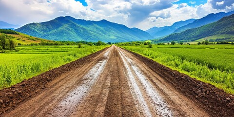 Wall Mural - Panoramic landscape, agricultural countryside with hills and country road. Summer landscape 