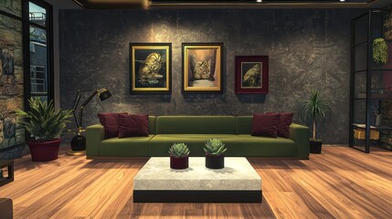 An inviting living room with maple wood floors, slate walls, and a moss green sofa A square quartz coffee table, burgundy frames, and potted succulents A minimalist black and gold ceiling lamp