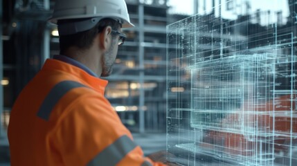 Poster - Construction Worker Examining Holographic Building Model