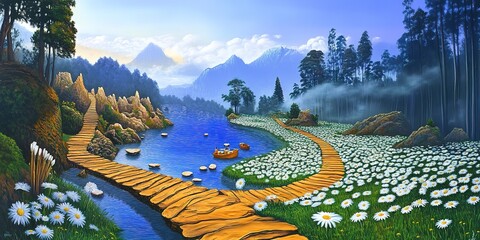 Poster - Oil painting landscape - meadow of daisies 