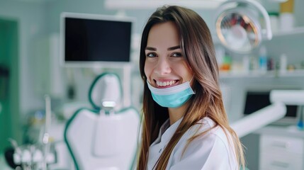 Happy young female dentist in dentist's office.