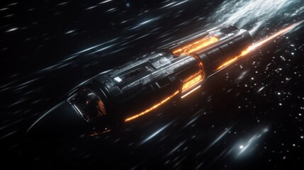 Fototapete - A sleek, metallic spaceship travels at high speed through a dark, starry void. The ship's engines are ablaze with fiery orange light, leaving a trail of shimmering particles in their wake