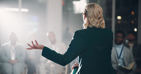 Aufkleber - Back, woman and speaker with presentation for crowd speech, workshop and coaching conference on stage. Professional, presenter and mic for communication, public speaking and lecture of business pitch