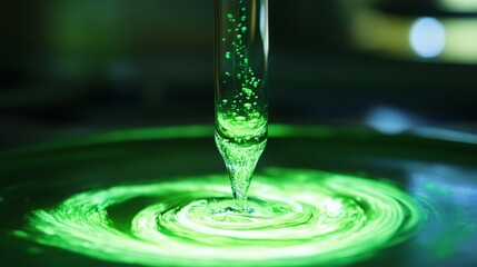 Aufkleber - A glass pipette with a green liquid inside is positioned above a dish of the same liquid. A drop is falling from the pipette, creating concentric ripples on the surface of the liquid in the dish.