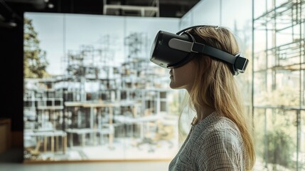 Aufkleber - Woman Wearing a VR Headset Stands Before a Blurry Image of a Building