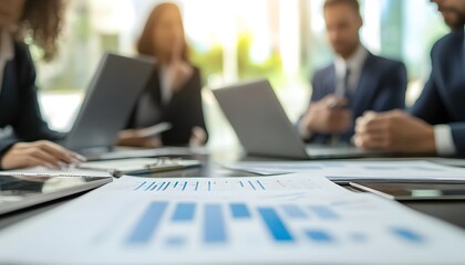 Poster - Blurred Business Meeting with Charts and Laptops