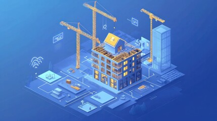 Poster - Isometric Illustration of a Smart Building Under Construction with Cranes