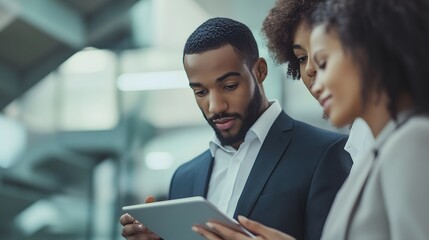 Poster - Businesspeople Discussing on Tablet in Modern Office