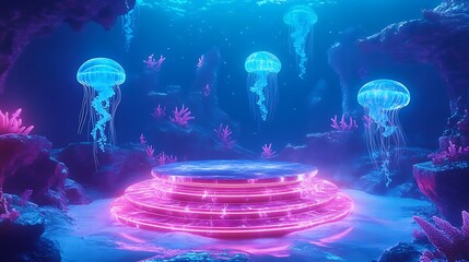 Sticker - Neon glowing platform underwater with jellyfish.