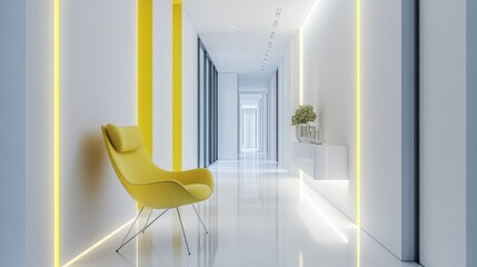 Poster - A sleek hallway features bright yellow lighting and a stylish yellow chair. White walls and glossy floors enhance the modern aesthetic, creating an inviting atmosphere with a touch of elegance.