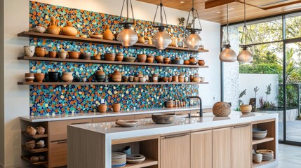 Wall Mural - A contemporary kitchen featuring a bold mosaic backsplash