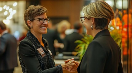 Two Businesswomen Shaking Hands in a Modern Office Setting