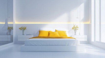 Aufkleber - A bright bedroom features a white platform bed adorned with yellow pillows and a matching throw. Sunlight streams through large windows, illuminating minimalist white decor and floral arrangements.