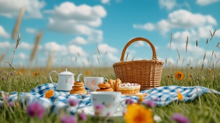 A romantic picnic setup featuring a picnic blanket, a vintage tea set, and a selection of pastries, surrounded by tall grass and wildflowers under a bright blue sky. 