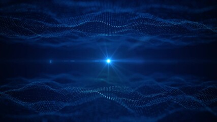 Poster - Abstract image of a digital waveform with a bright blue light burst at the center, representing data flow and technology. Animation 4k, 3d rendering.