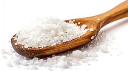 Wooden spoon filled with coarse sea salt on a white background, highlighting its texture and culinary uses in cooking and seasoning.