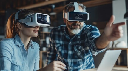 Poster - A man and woman wearing virtual reality headsets and interacting with a virtual environment.