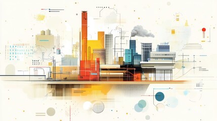 Poster - Abstract Cityscape with Industrial Buildings and Geometric Elements