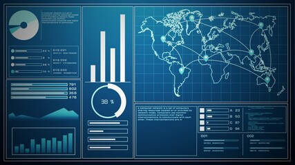Poster - Digital interface showing a global network map with data charts, visual analytics, and system performance indicators. Animation 4k, 3d rendering.