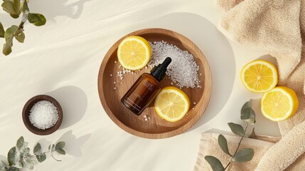 An inviting advertising scene for natural cosmetics featuring two amber bottles on a wooden plate, surrounded by fresh lemon slices, bath salt, and a beige towel against a white background.