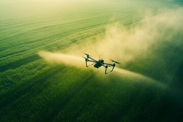 Agricultural drone spraying crops over green field at sunset