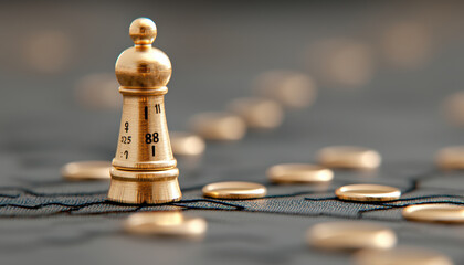 Strategic game piece on board, symbolizing wealth and financial decisions, surrounded by coins. This captures essence of strategy and investment