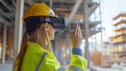 Aufkleber - Female Construction Worker Using Virtual Reality Headset on Construction Site