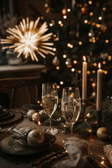 Poster - Table set for Christmas dinner; adorned with candles, festive decorations, and elegant dinnerware, creating a cozy and inviting holiday ambiance.