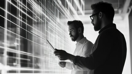 Aufkleber - Two Businessmen Collaborating on a Digital Grid Interface