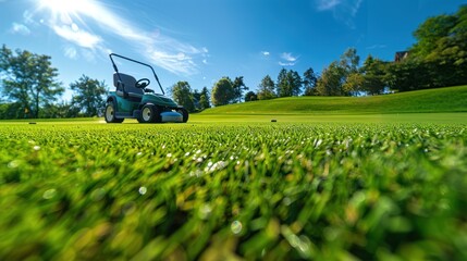 Sticker - A Green Golf Cart Driving on a Grassy Golf Course