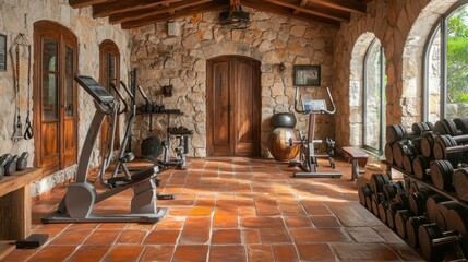 A Mediterranean-style home gym with natural stone walls