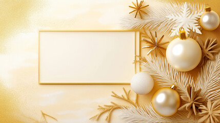 Sticker - Elegant Golden Christmas Frame with Ornaments and Glittering Decorations on Gold Background