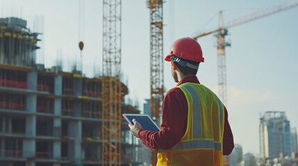 Aufkleber - Construction Worker Holding Tablet in Front of Building Under Construction