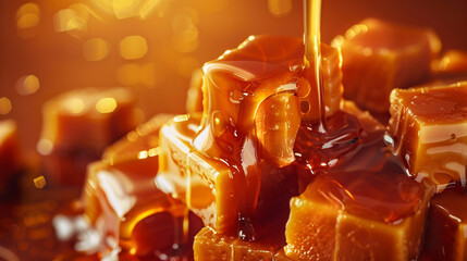 Close-up view of rich, glossy caramel cubes neatly stacked with a smooth syrup drizzling over them, set against a warm, amber-toned backdrop