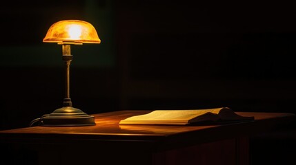 An Open Book Illuminated by a Lamp on a Wooden Table