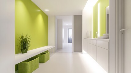 Poster - A spacious hallway showcases bright green walls with a sleek white bench and storage baskets. The clean lines and minimalistic design create a fresh and inviting atmosphere.