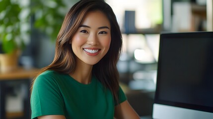 Poster - Smiling Woman in Green Shirt at a Computer Desk