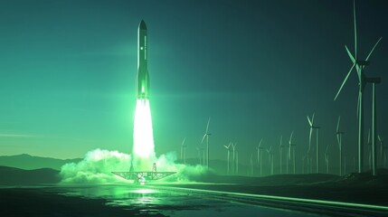 Aufkleber - The rocket ascends into a twilight sky, emitting a vibrant green light, with wind turbines lining the landscape, symbolizing the harmony between advanced technology and renewable energy sources.