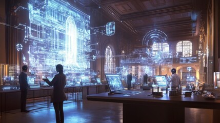 Poster - Individuals Examining a Holographic Projection of a Building's Design in a Modern Office
