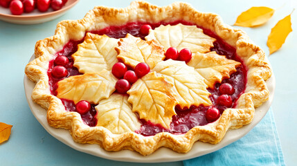 Poster - Autumn Cranberry Pie with Decorative Leaf Crust on Blue Background