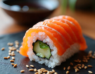 Single Salmon Sushi Roll with Avocado on Black Slate, Japanese Cuisine Close-up