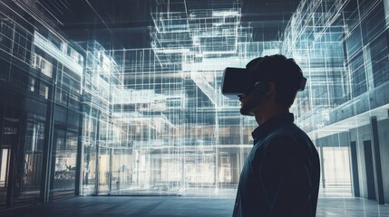 Poster - A Man Wearing VR Headset Stands in Front of a Digital Building Model
