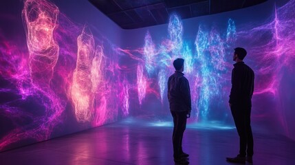 Aufkleber - Two Silhouettes Observing a Projection of Cosmic Nebulae in an Art Gallery
