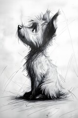 A sketch of a dog that looks like a cartoon of the dog is fluffy and sitting on the ground, and the sketch is full of lines and shadows that give it a unique artistic style .