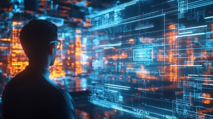 Poster - Silhouetted Person Observing Digital Interface with Glowing Lines and Shapes