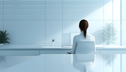 Poster - Woman sitting at a white desk facing a laptop in a modern office