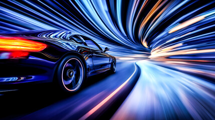 sport car drive through futuristic light trail abstract background .