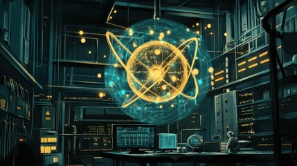 Poster - Futuristic Laboratory with a Glowing Sphere and a Person Standing Near a Desk