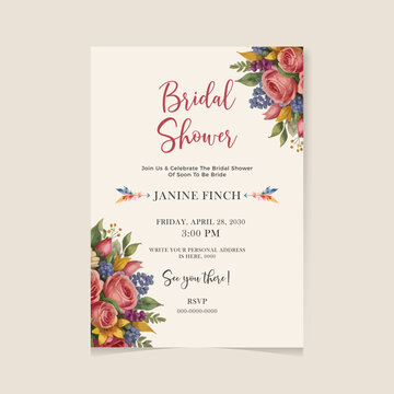 Vector Bridal Shower Invitation Template With Magnolia Flowers, Watercolor and Pen and Ink Elements
